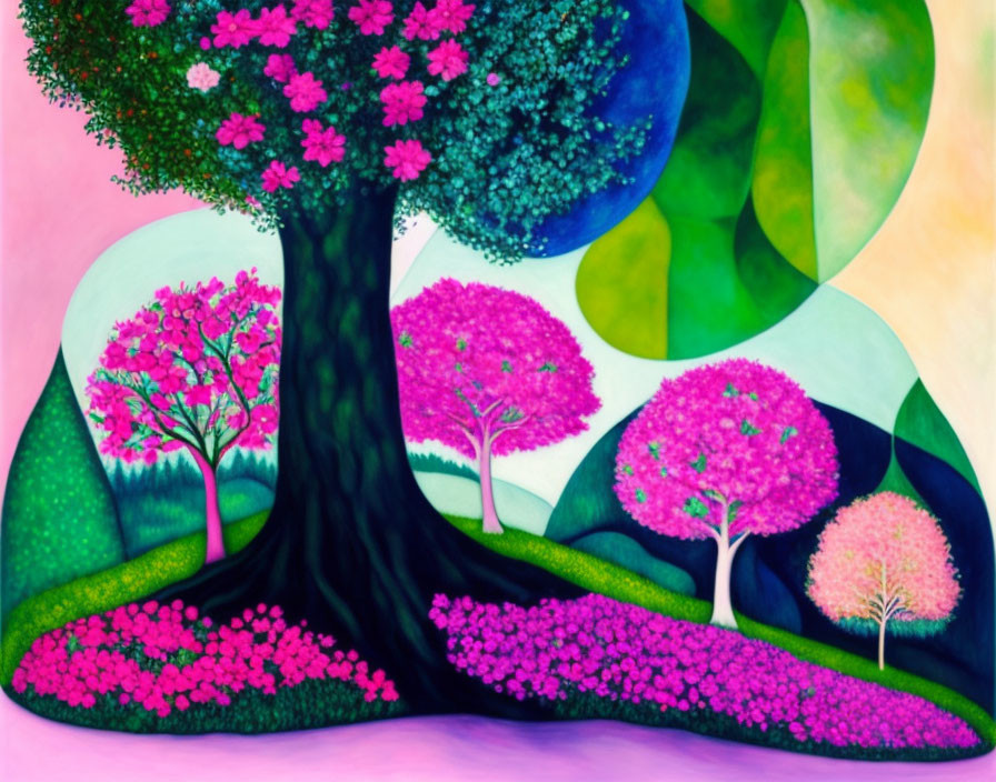 Colorful Stylized Painting of Whimsical Landscape with Pink Flower Tree