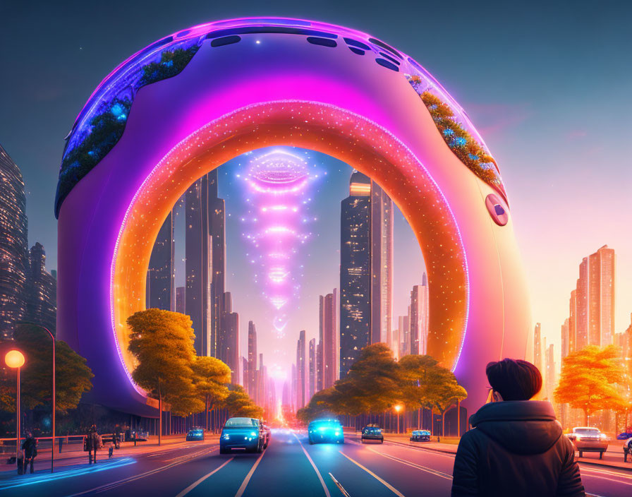 Futuristic cityscape with vibrant colors and illuminated structure at twilight