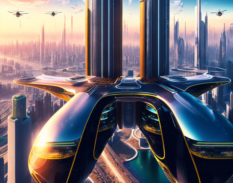 Futuristic cityscape with skyscrapers, flying vehicles, and modern building at dawn or dusk