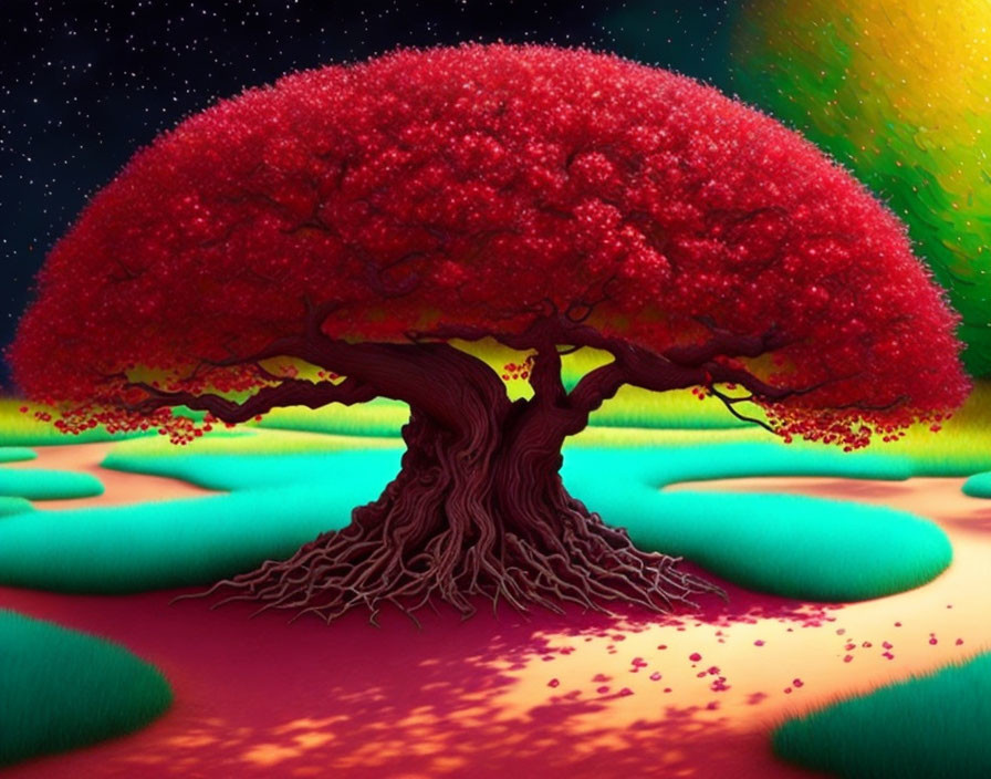 Colorful Digital Illustration of Vibrant Tree in Fantasy Landscape