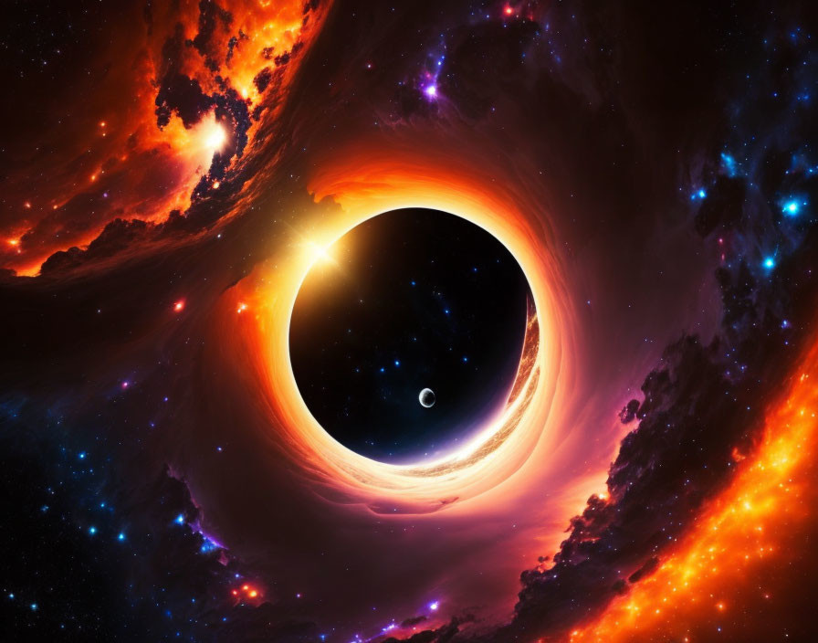 Digital artwork: Black hole with cosmic clouds, accretion disk, and planet