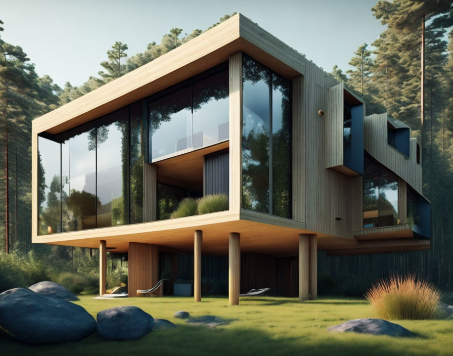 Contemporary wooden house on stilts in forest clearing