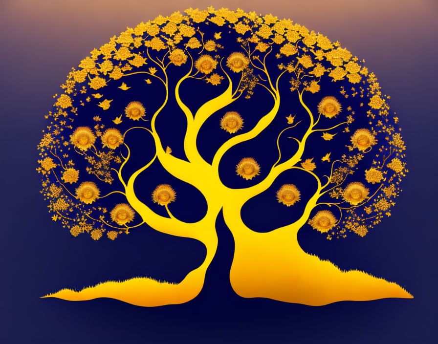 Colorful Digital Artwork: Stylized Yellow Tree on Purple Background