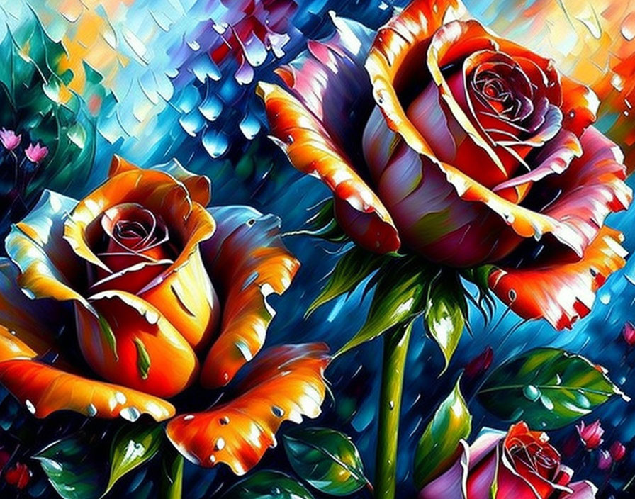 Colorful digital painting: roses, dew drops, brush strokes, butterfly on leaf