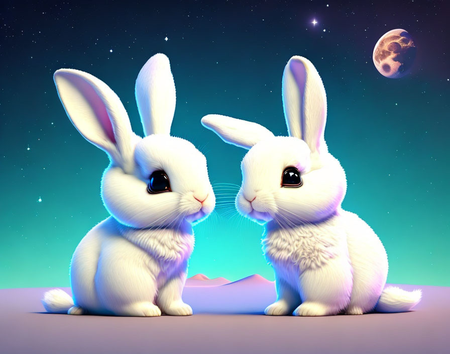 Adorable animated rabbits under night sky with crescent moon