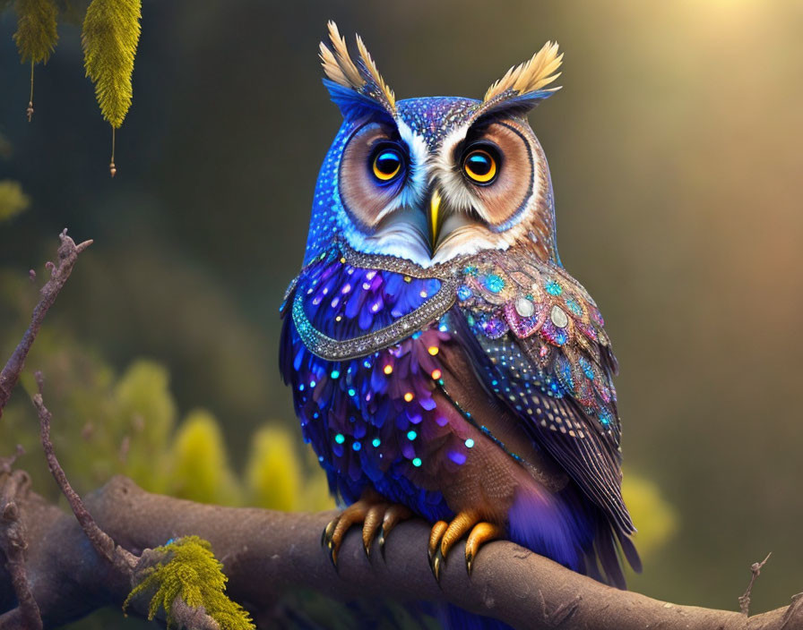 Vibrant stylized owl on branch with intricate patterns and green background