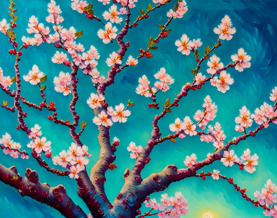 Colorful Cherry Blossom Painting on Teal Background