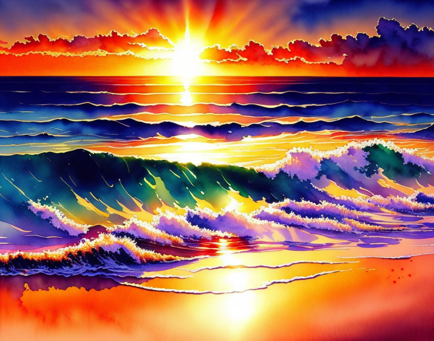 Colorful Watercolor Painting of Sunset Over Ocean Waves