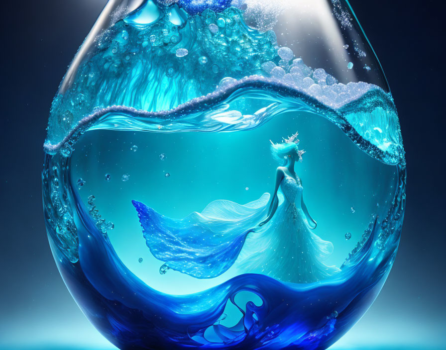 Fantasy illustration of woman in flowing blue dress in water drop with aquatic elements