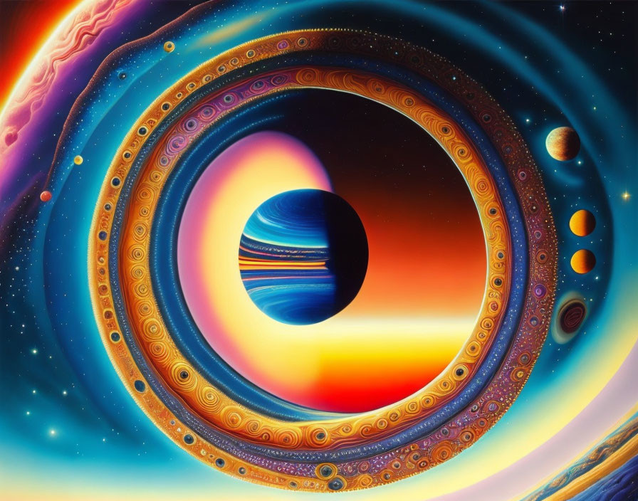 Colorful Surreal Artwork of Cosmic Scene with Galaxies and Planets