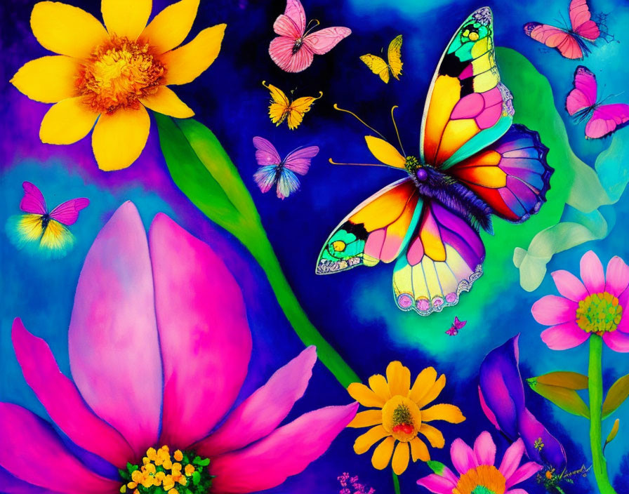 Colorful Flowers and Butterflies on Dark Blue Background