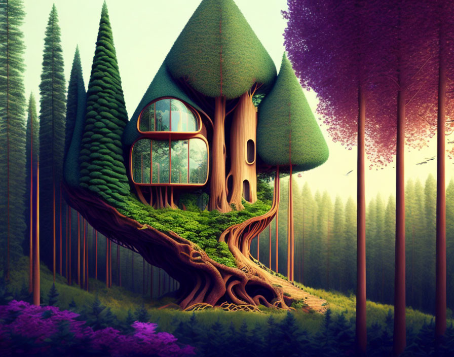 Vibrant forest fantasy treehouse with large windows