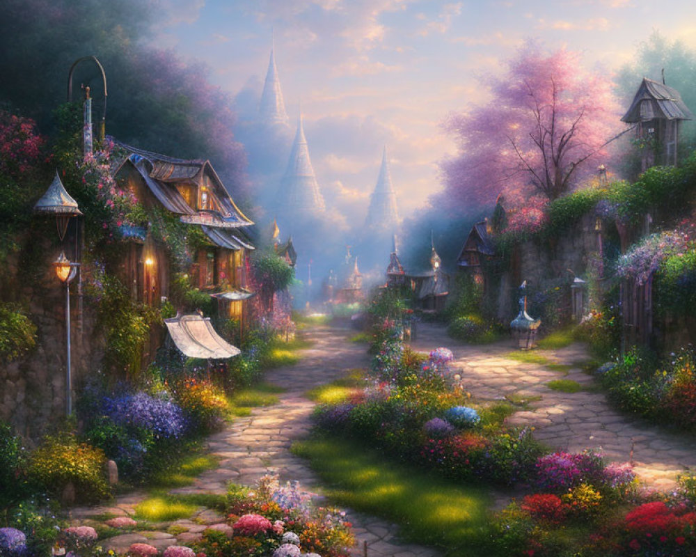 Enchanting fairy-tale village with cobblestone path and quaint houses