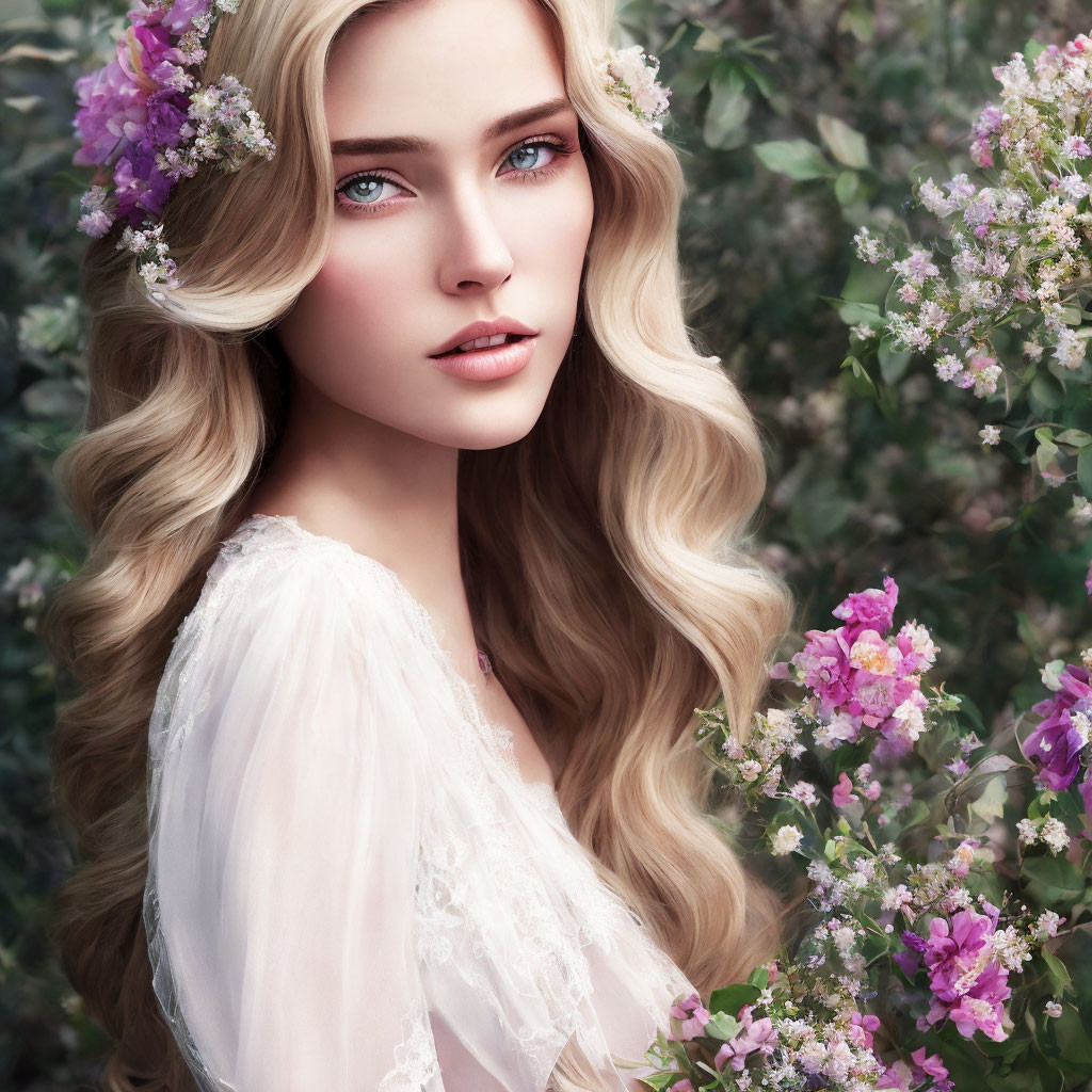 Blonde Woman with Floral Crown Surrounded by Blossoming Flowers