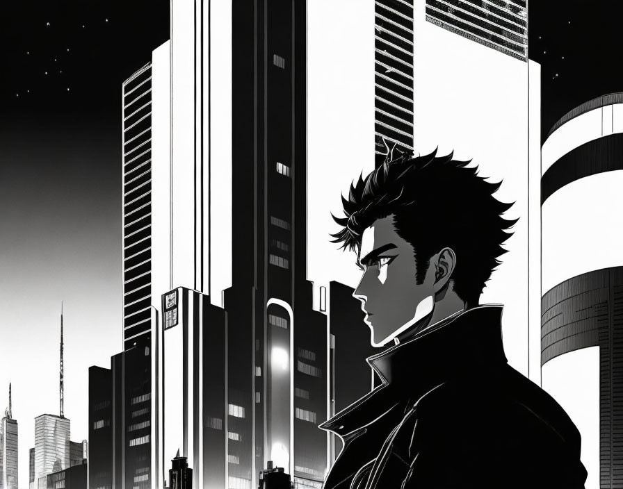 Monochrome stylized male figure against skyscrapers and starry sky