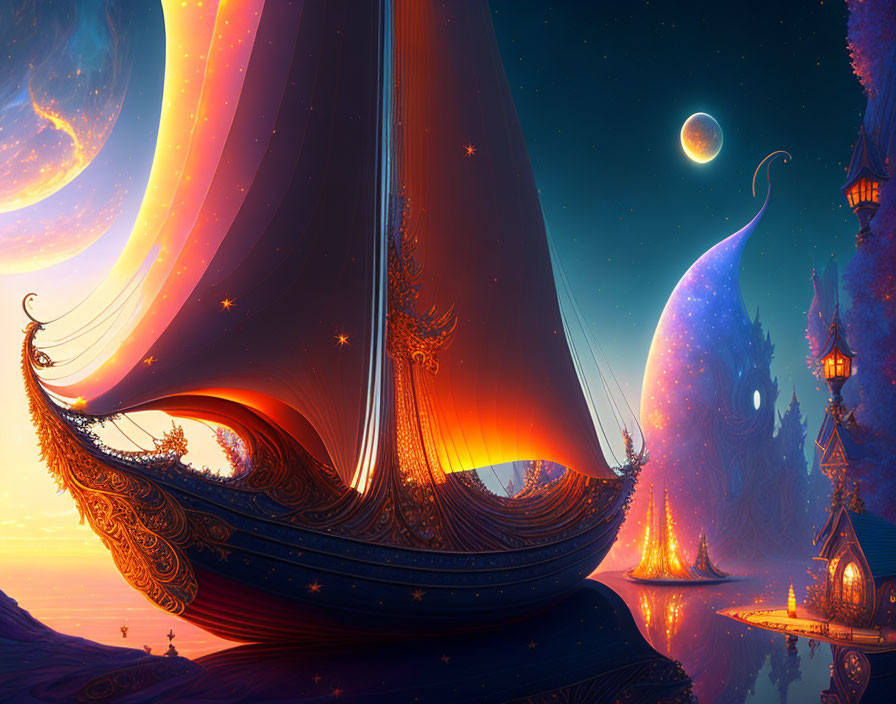 Fantastical landscape with ornate structures and celestial bodies