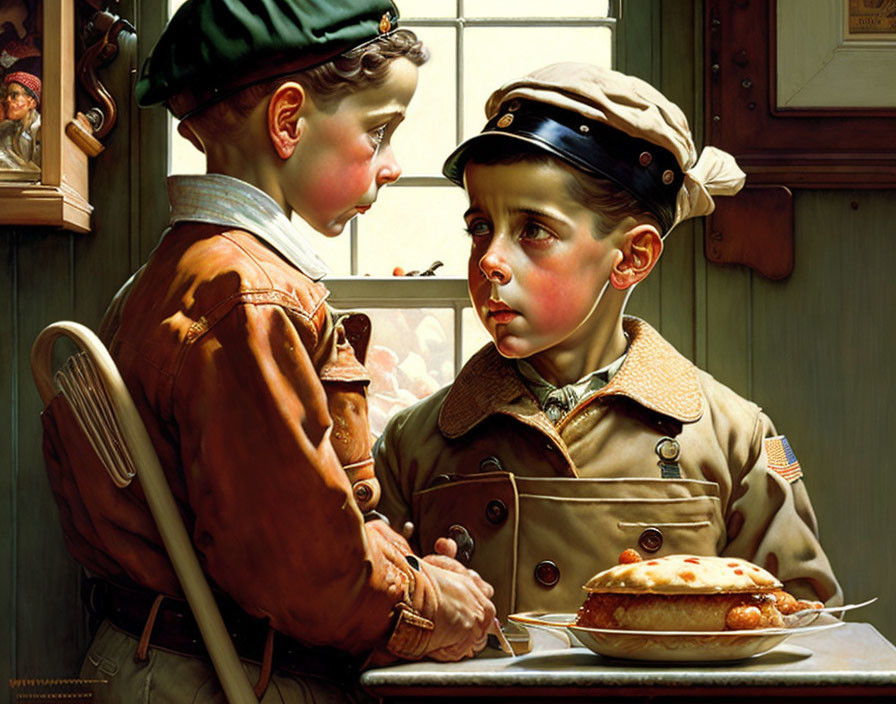 Vintage painting of two boys in pilot outfits with a pie on the table