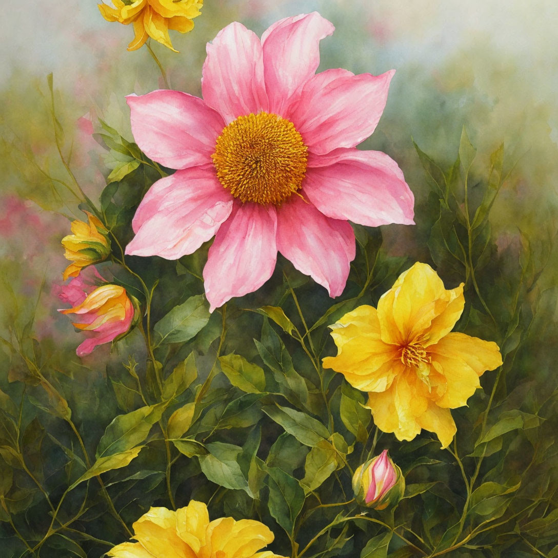 Colorful painting of pink flower with yellow center and green foliage