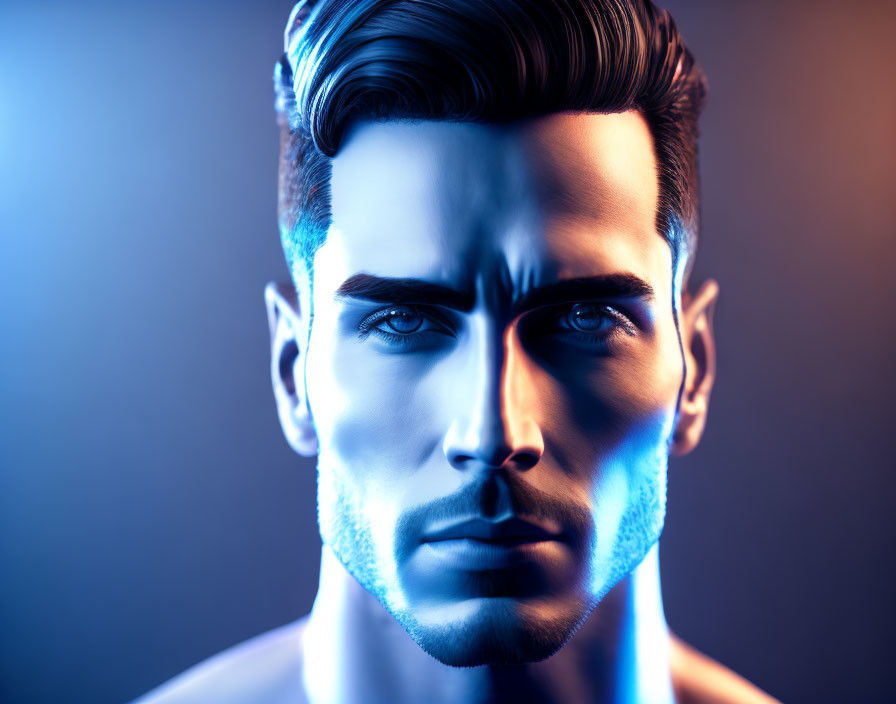 Stylized portrait of a man with sharp features and dramatic lighting