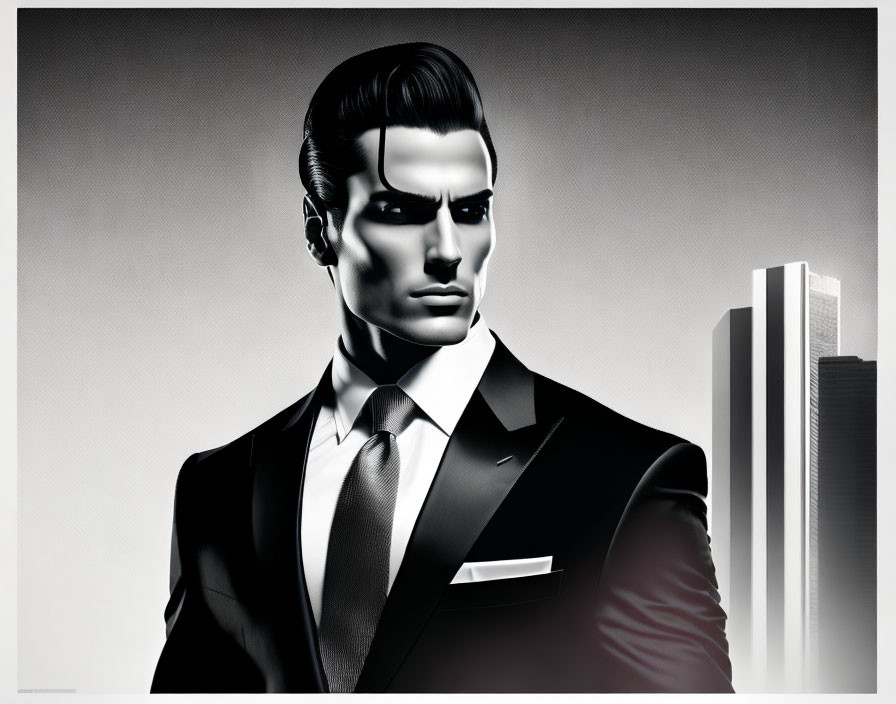 Man in suit with slicked-back hair against monochrome cityscape.