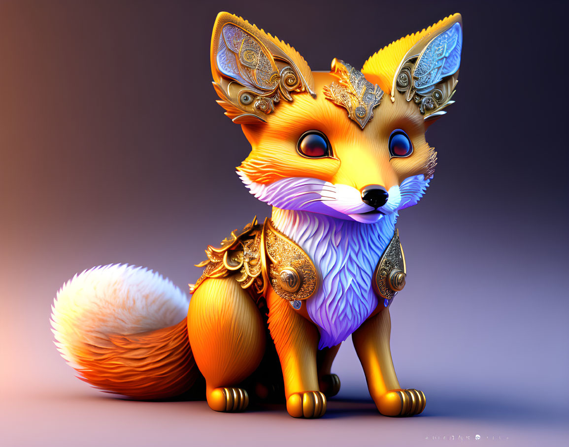 Stylized fox digital artwork with gold and purple decorations