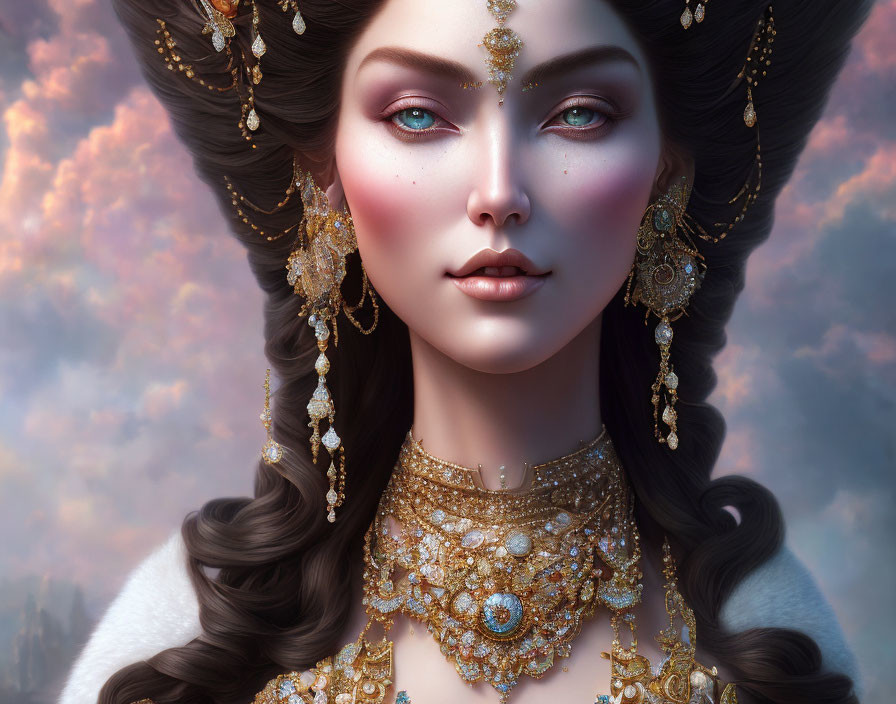 Elaborate golden jewelry woman portrait against cloudy sky