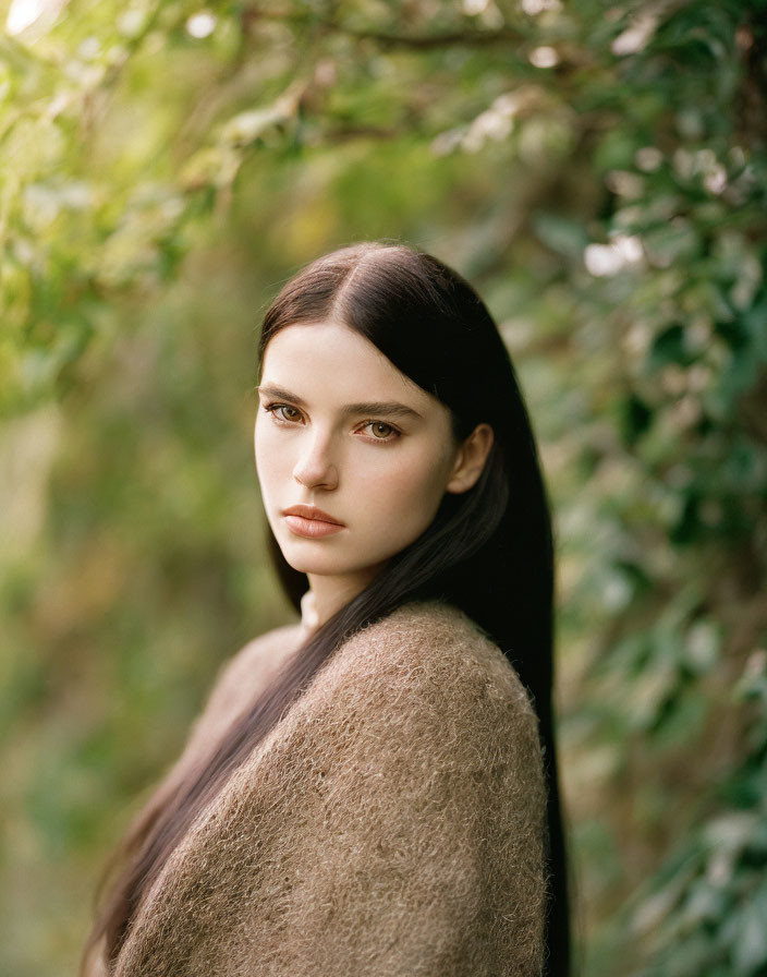 Dark-haired woman with fair skin in soft-focus greenery.