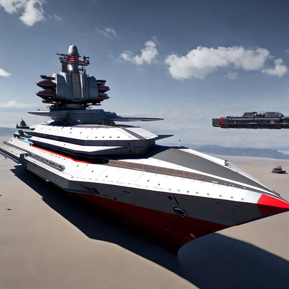 Futuristic spacecraft resembling naval carrier lands on desert terrain