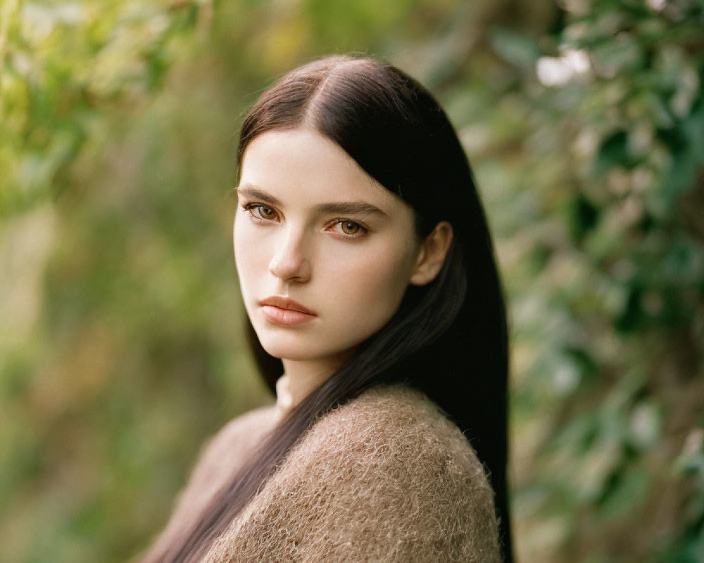 Dark-haired woman with fair skin in soft-focus greenery.