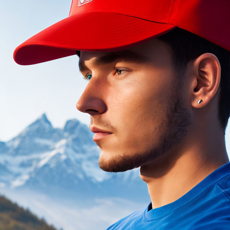 Young man in red cap and blue shirt against majestic mountain backdrop