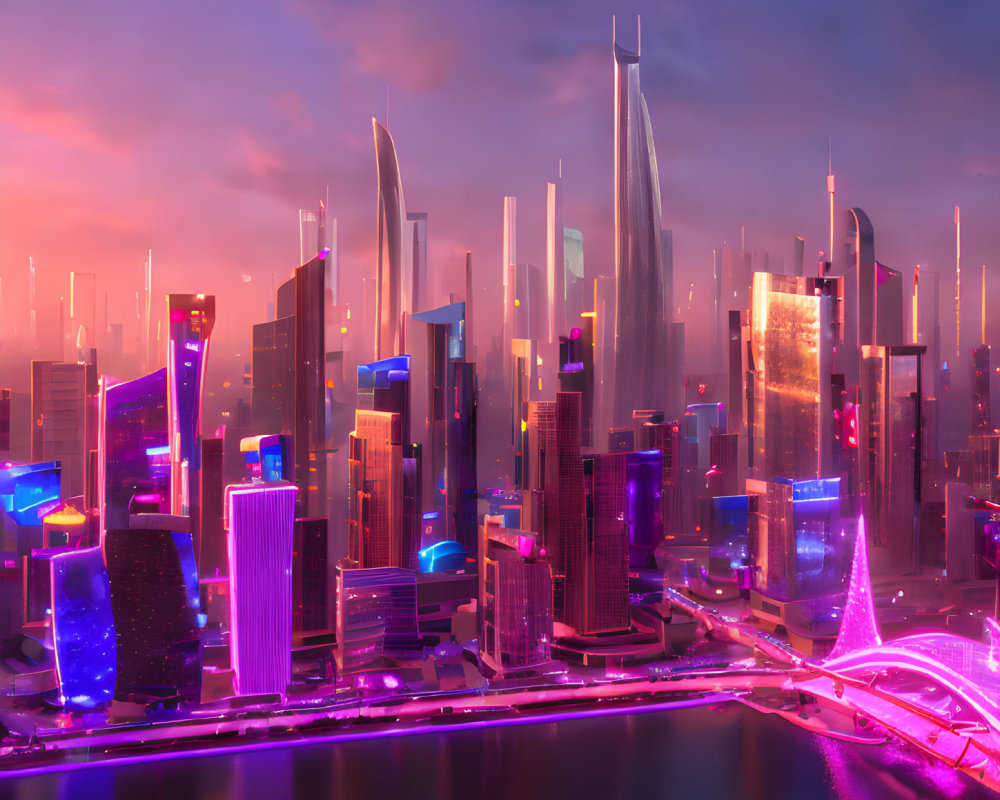 Futuristic cityscape with neon lights, modern skyscrapers, and tranquil river at dusk