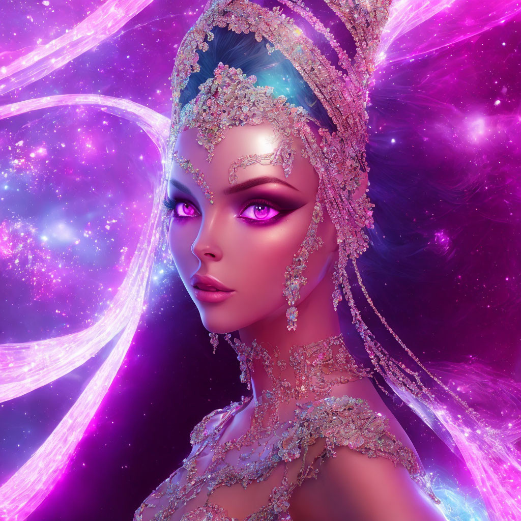 Digital Art: Female Figure with Cosmic Makeup and Elaborate Headdress against Nebula Background