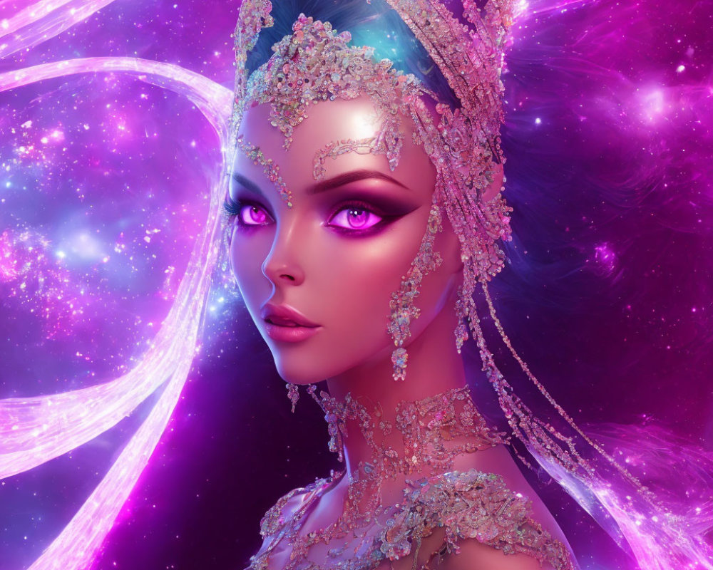 Digital Art: Female Figure with Cosmic Makeup and Elaborate Headdress against Nebula Background