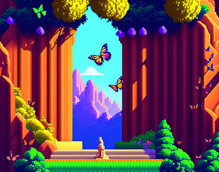 Pixel Art Forest Scene with Person, Butterflies, and Mountains