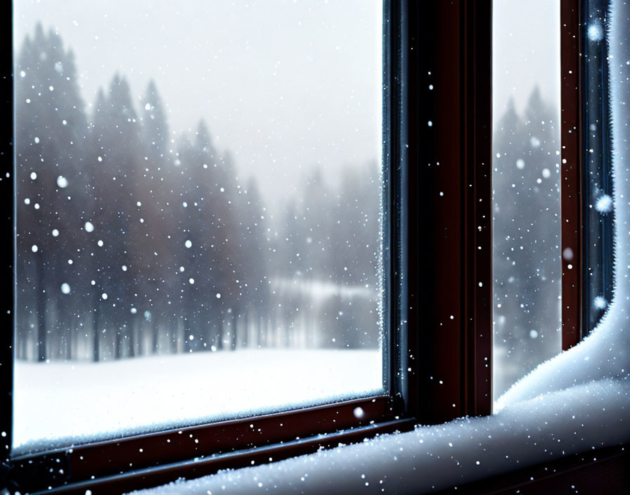 Snowy Winter Scene: Snowflakes Falling Through Open Window