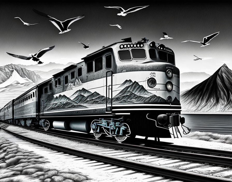 Monochrome vintage train on tracks with mountains and birds