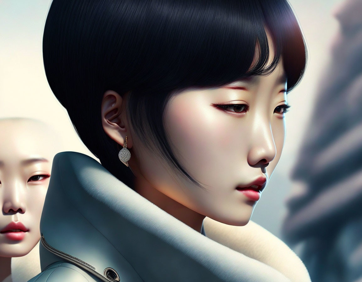 Digital art portrait: Two Asian women with sleek hairstyles, one wearing an earring and a coat