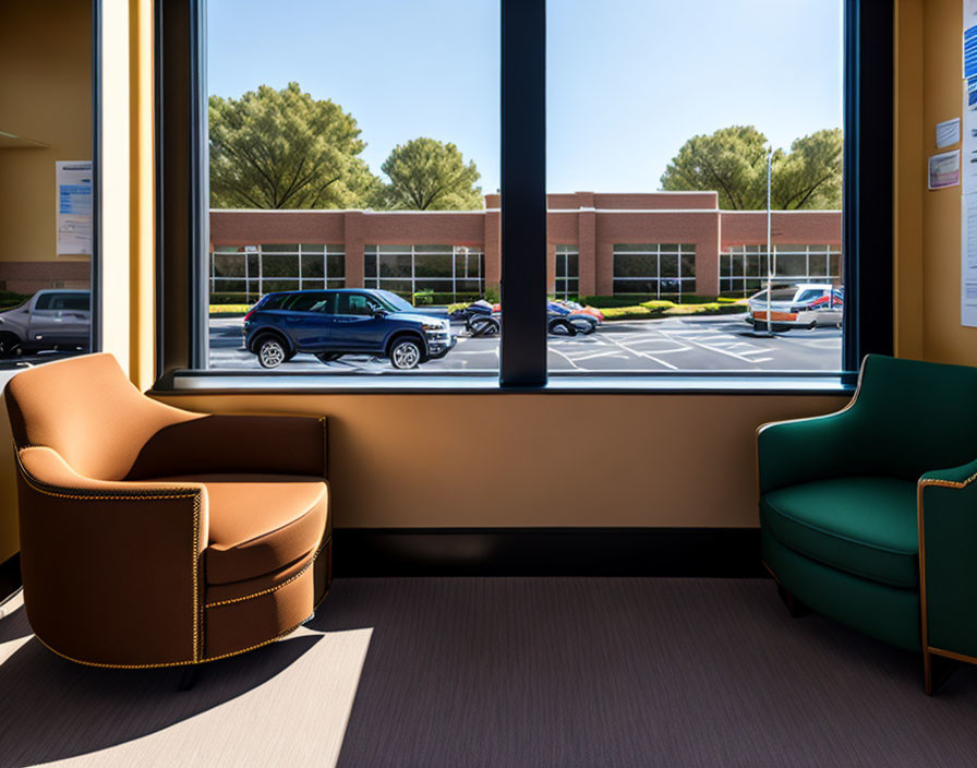 Room with armchairs facing window overlooking parking lot