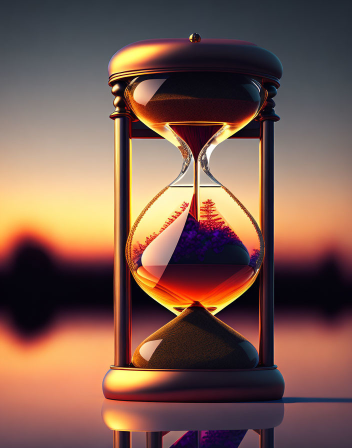 Hourglass with flowing sand in purple hue against sunset sky