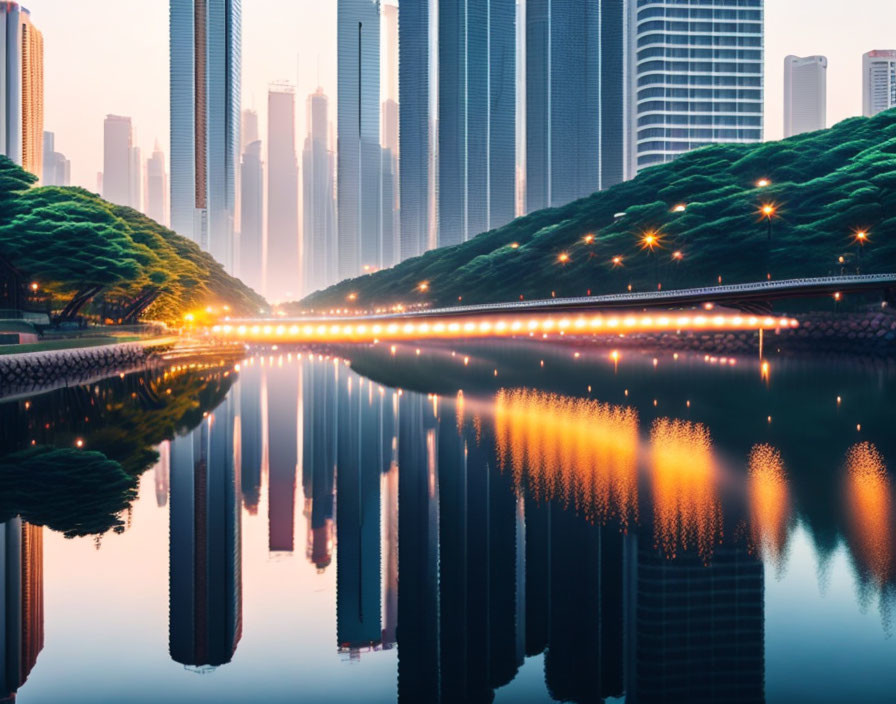 Twilight cityscape: Skyscrapers reflecting on calm river with bright path and lush greenery