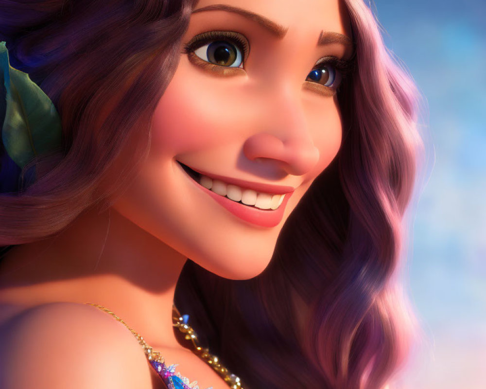 Smiling female character with purple hair and large eyes