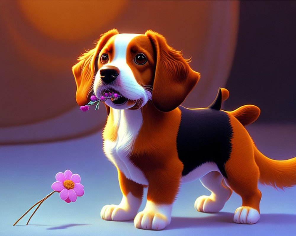 Brown and White Animated Puppy Holding Flower Scene