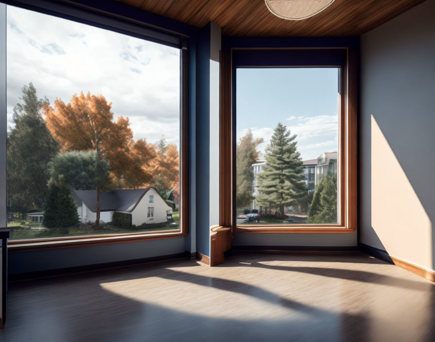 Spacious room with large bay window overlooking autumn scene