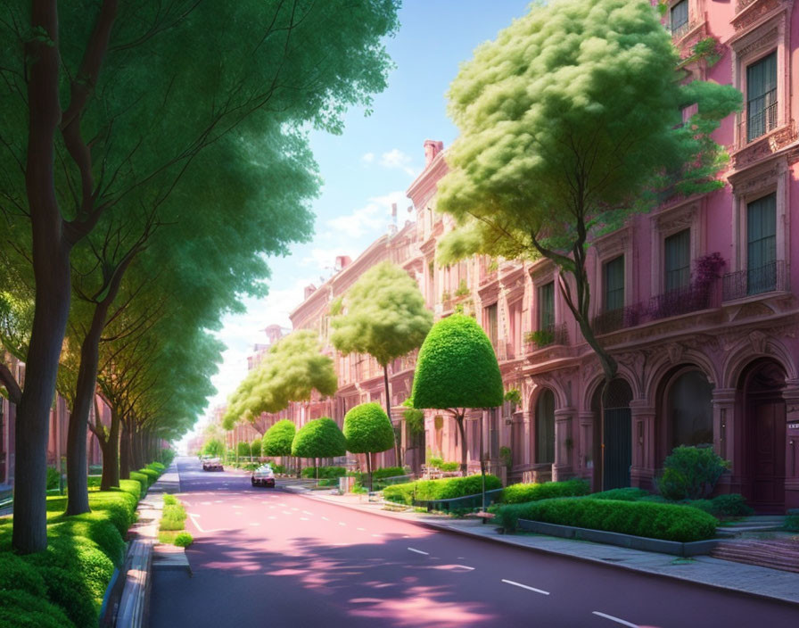 Tranquil Tree-Lined Street with Pink Buildings and Hazy Sky