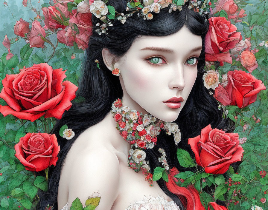 Detailed Illustration: Woman with Green Eyes, Red Roses, Floral Jewelry, and Rose Crown