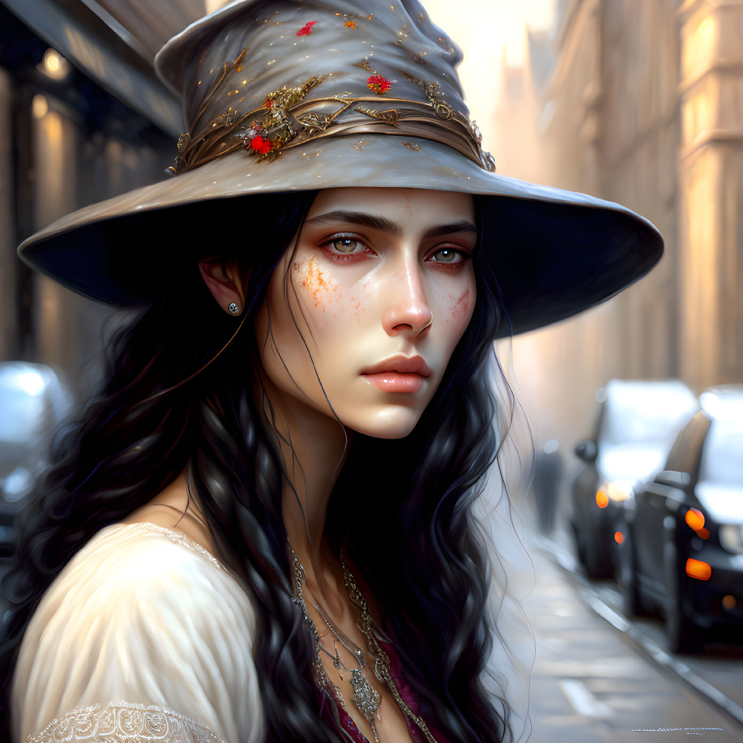 Digital portrait of woman with long dark hair and wide-brimmed hat in sunlit street.