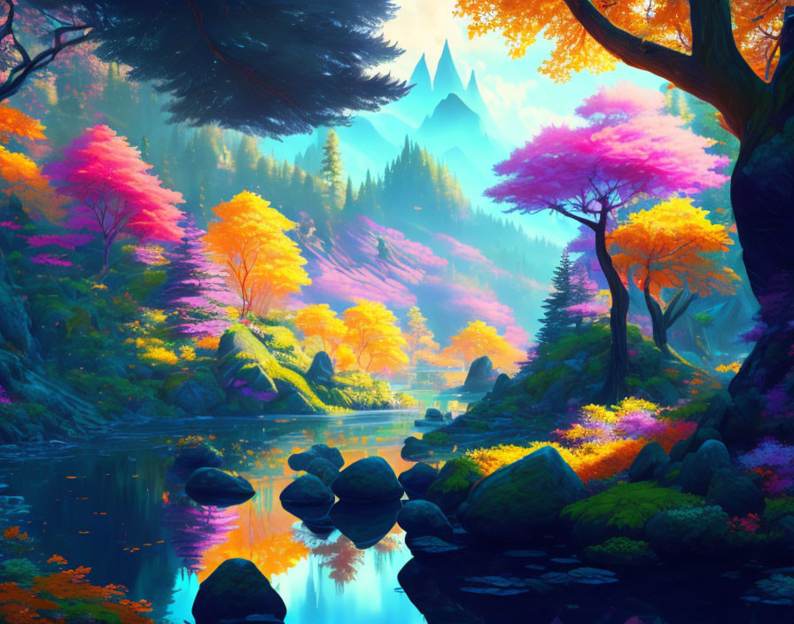 Colorful Fantasy Forest Scene with Sunlit River in Autumn