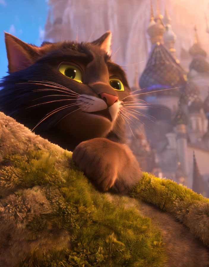 Animated cat with green eyes and grey fur against cityscape backdrop.