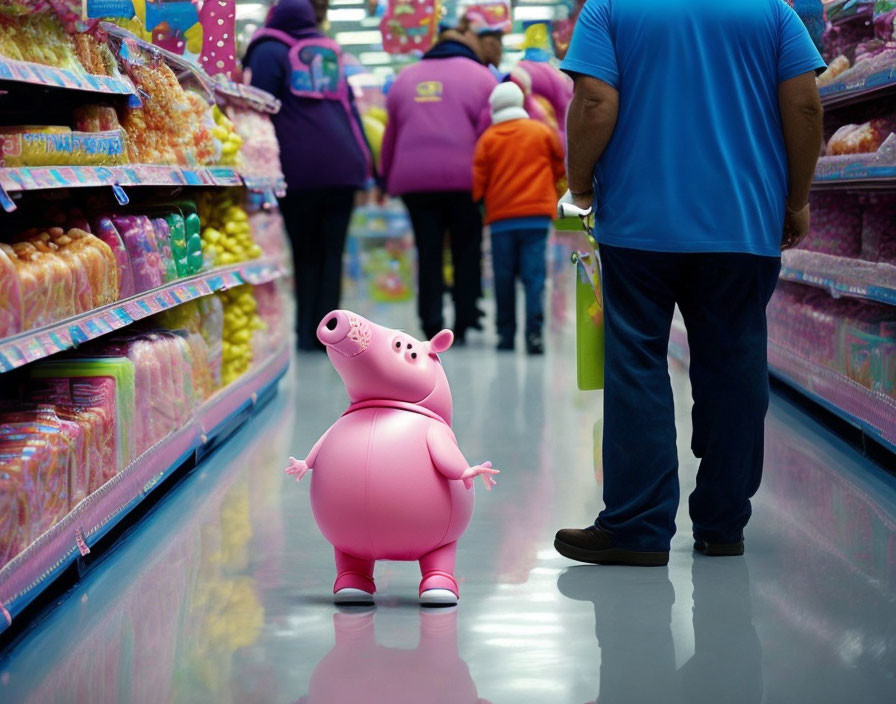 Pink animated pig character in supermarket aisle with colorful products and shoppers