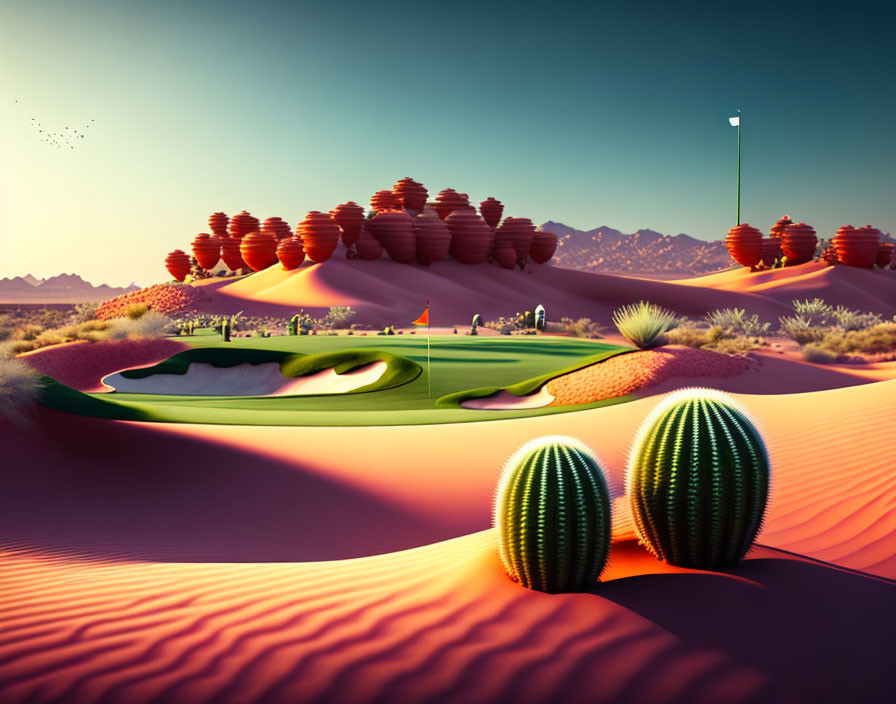 Vibrant Stylized Desert Golf Course with Sand Dunes and Cacti